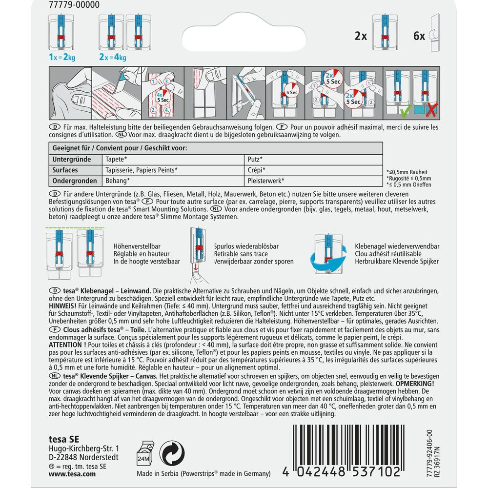 Verpackung mit tesa Klebenägeln, zeigt Tragkraft und Anwendung auf verschiedenen Oberflächen.