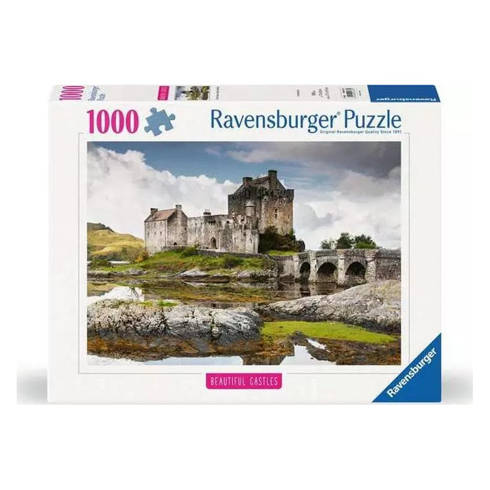 Puzzle Ravensburger de 1000 pièces montrant un château sur un lac avec un pont.