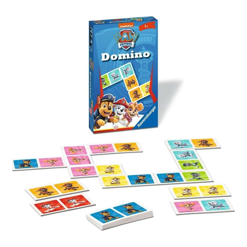 Paw Patrol Domino-Spiel mit Charakteren und Spielsteinen auf weißem Hintergrund.