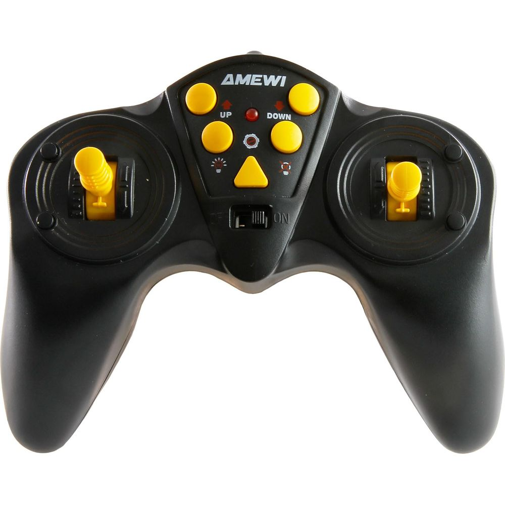 Schwarzer Fernbedienungsgriff mit gelben Knöpfen und Joysticks.