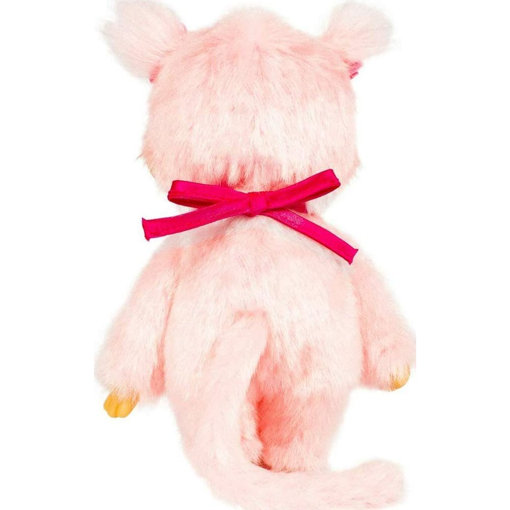 Ein rosa Teddybär mit einem roten Band um den Hals auf weißem Hintergrund.