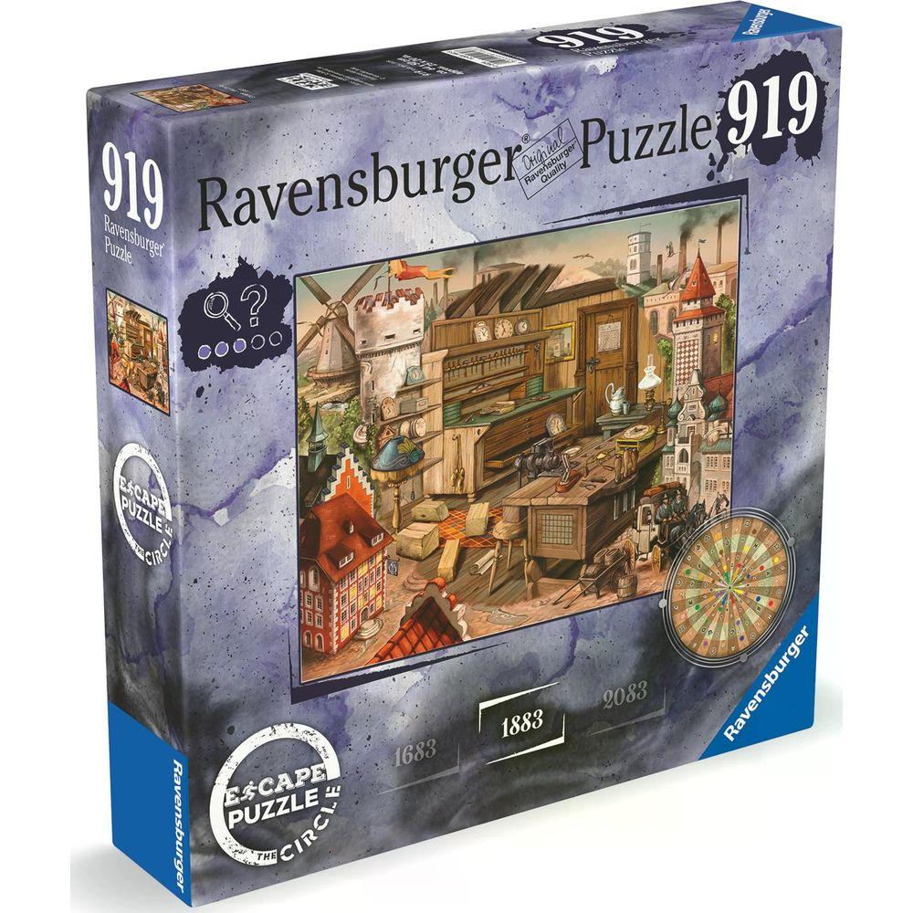 Boîte Ravensburger Escape Puzzle 919 montrant un atelier avec moulin et maison.