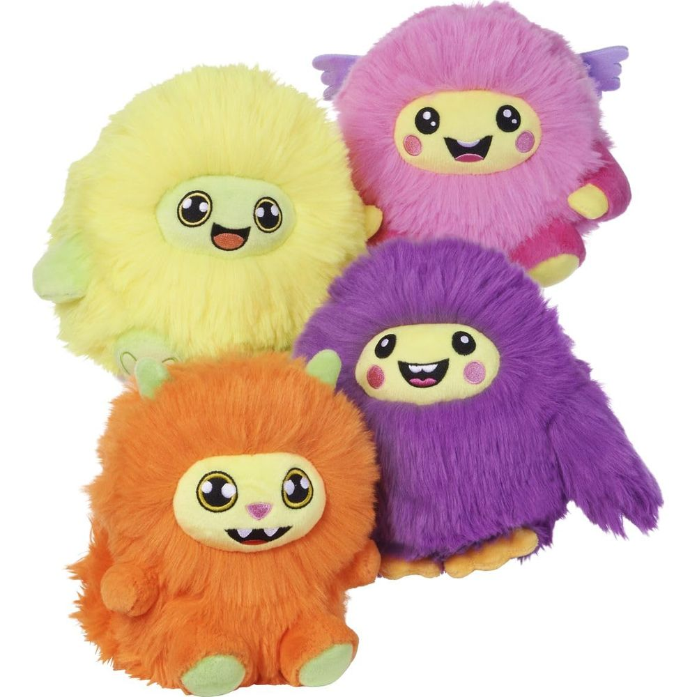 Vier flauschige, bunte Monster-Plüschtiere: orange, gelb, lila und pink.
