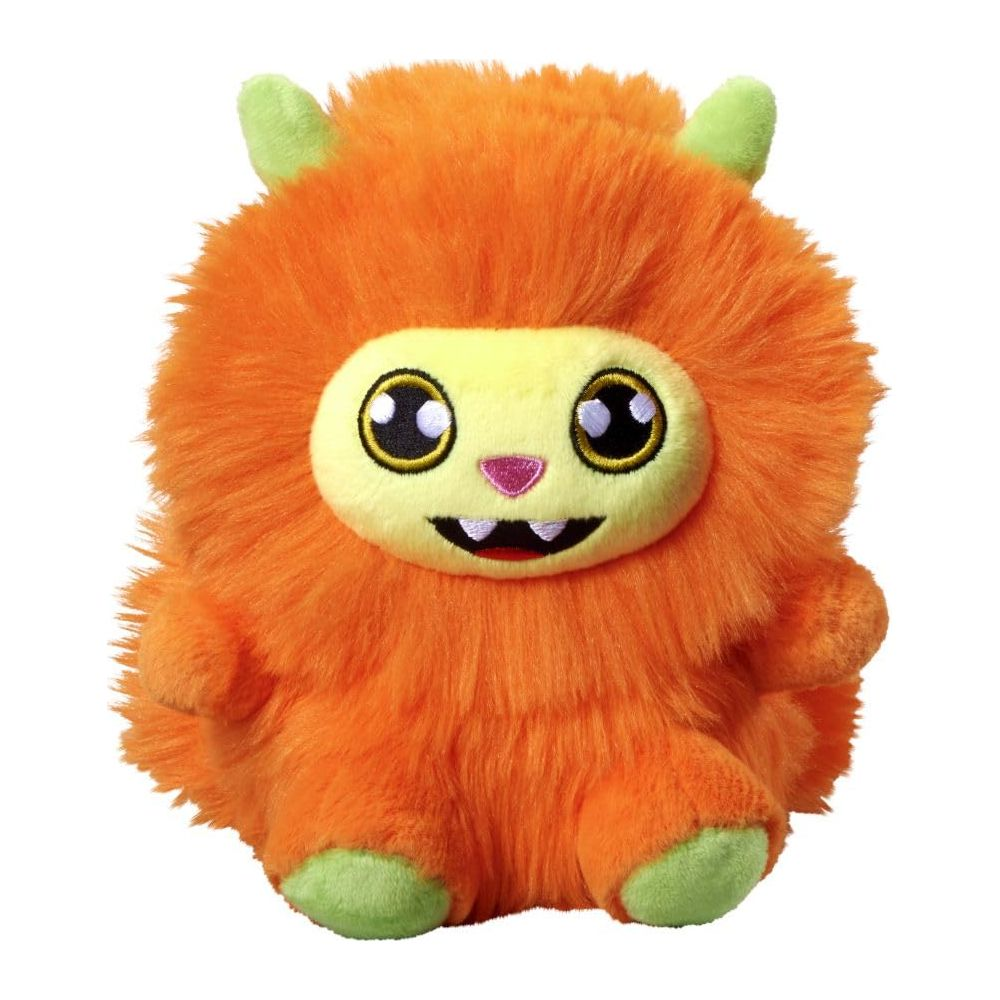 Ein flauschiges, orangefarbenes Plüschtier mit gelbem Gesicht und grünen Hörnern.