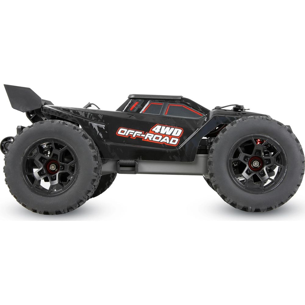Schwarzer RC-Buggy mit 4WD Off-Road-Aufdruck, großen Reifen und Spoiler.