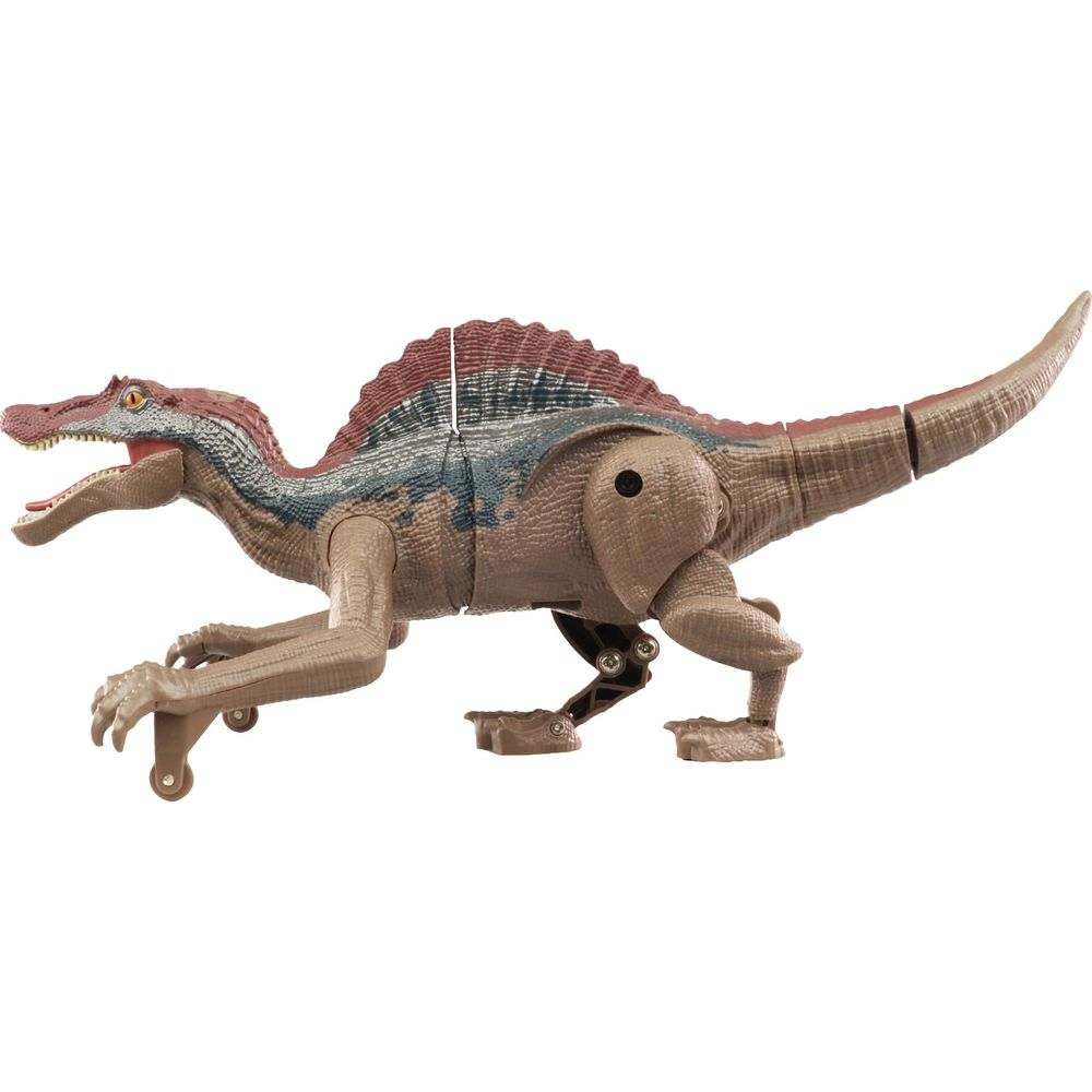 Ein braunes Spielzeug-Dinosaurier mit Segelrücken, das auf Rädern steht.