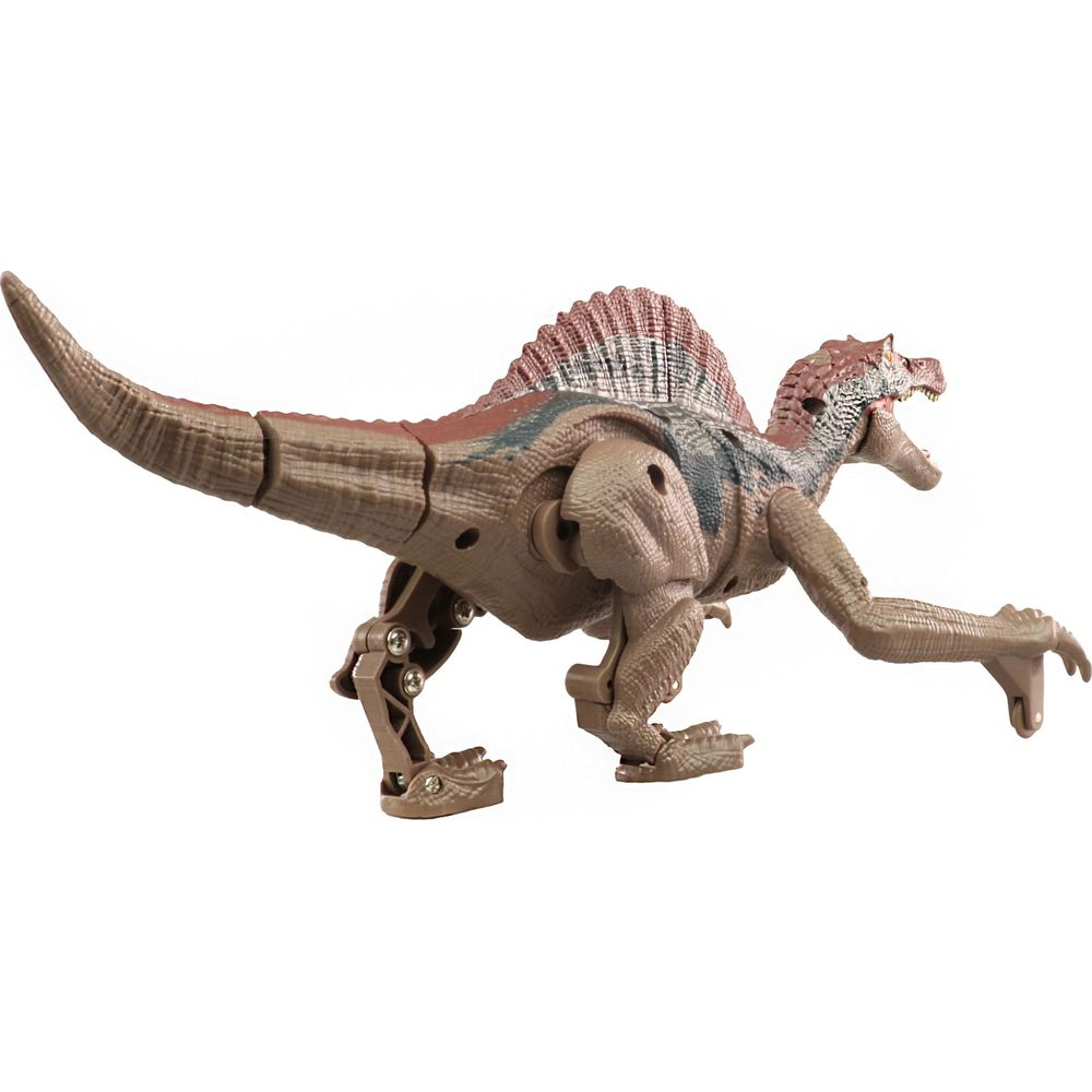 Ein braunes Spielzeug-Dinosaurier mit Segel, auf weißem Hintergrund.