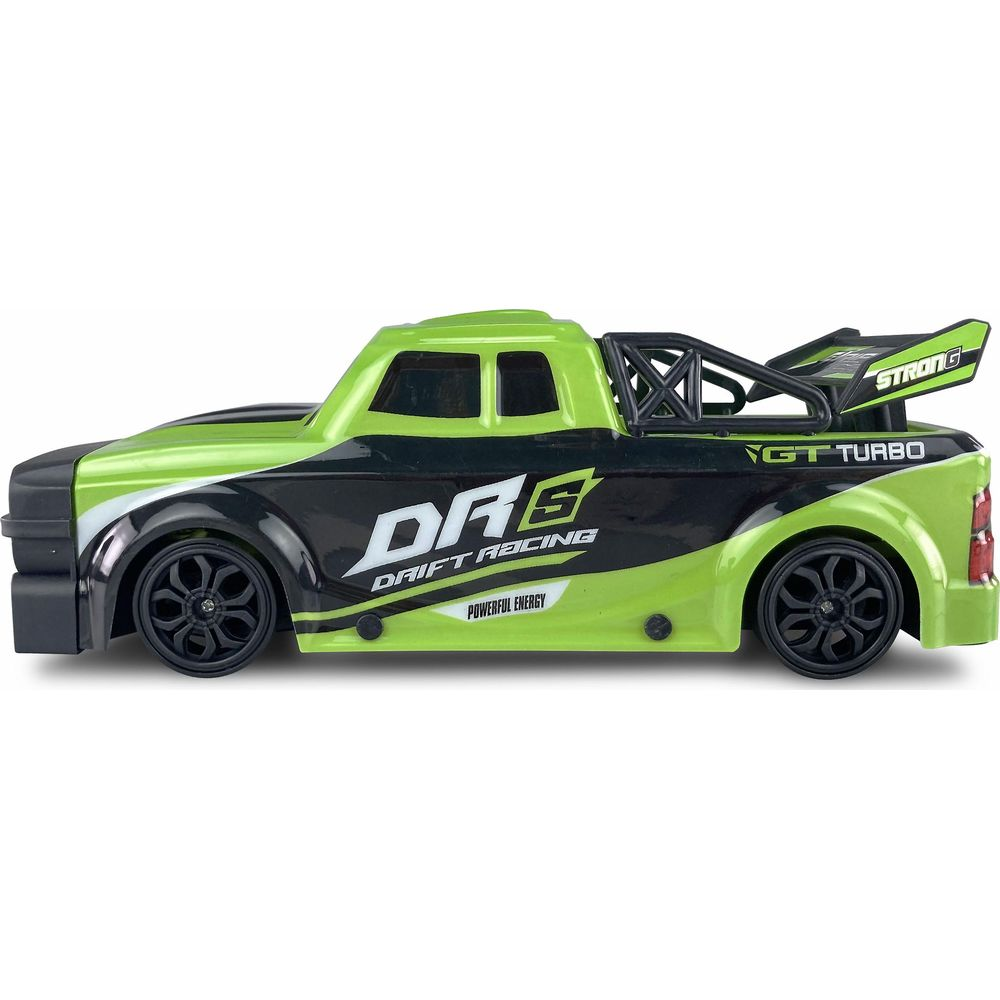 Grünes und schwarzes ferngesteuertes Driftauto mit Spoiler und Rennaufklebern.