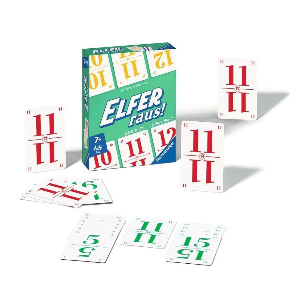Il gioco "Elfer Raus!" con carte e scatola. Molte carte mostrano il numero 11.
