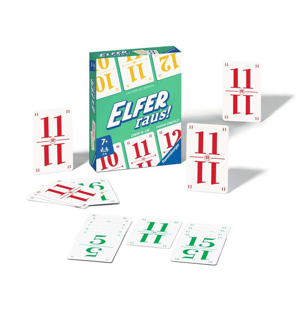 Carte da gioco e scatola con ELFER RAUS! e numeri.