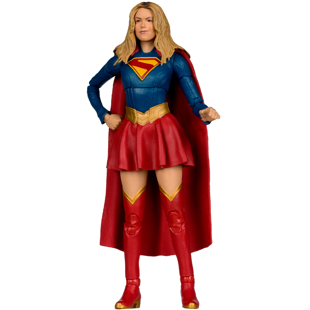 Eine Actionfigur von Supergirl in ihrem blauen und roten Kostüm mit Umhang.