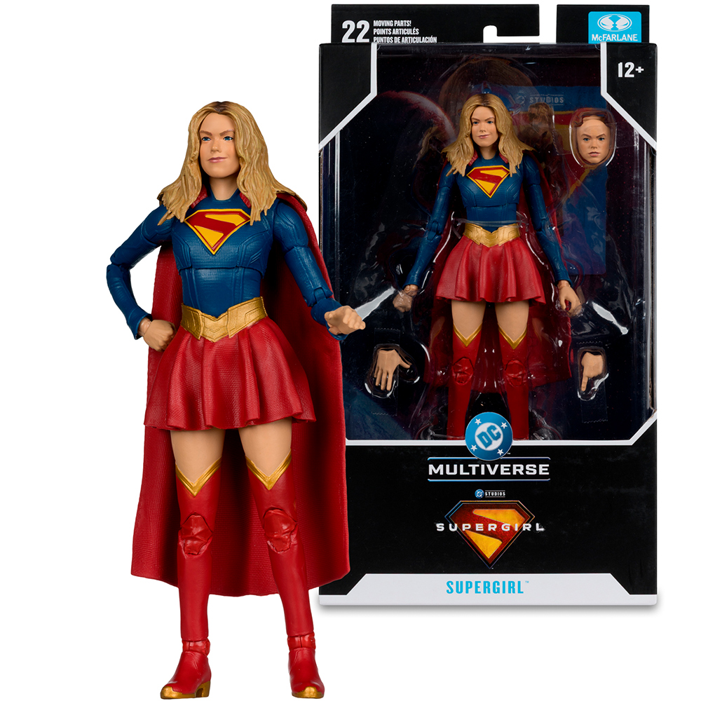 Supergirl-Actionfigur im roten Rock und blauen Oberteil mit Cape.