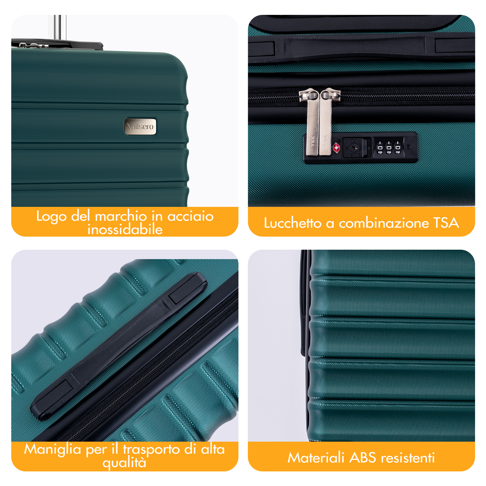 Valigia verde con lucchetto TSA, maniglia e logo in acciaio inox.