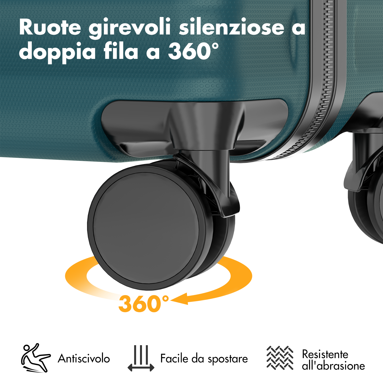 Una valigia blu con ruote nere a 360 gradi e cerniera.
