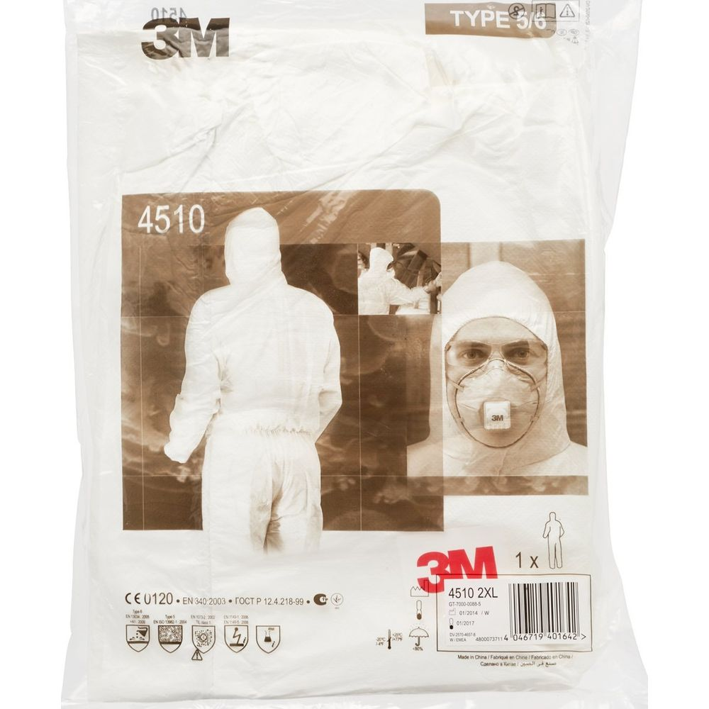 Verpackung mit weißen Schutzanzügen, Modell 4510, mit Schutzmasken und Brillen.