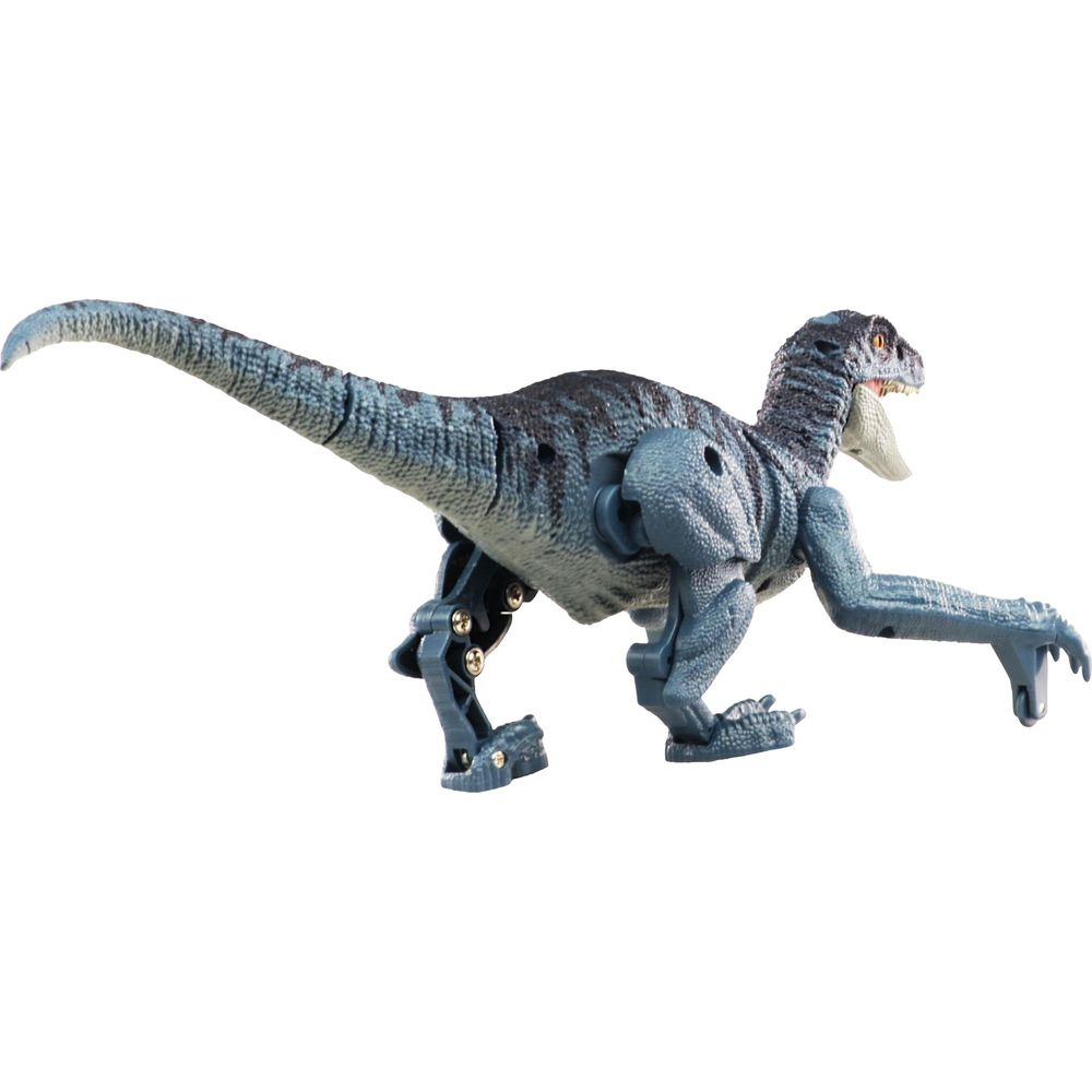 Un dinosaurio raptor de juguete azul con extremidades articuladas sobre fondo blanco.
