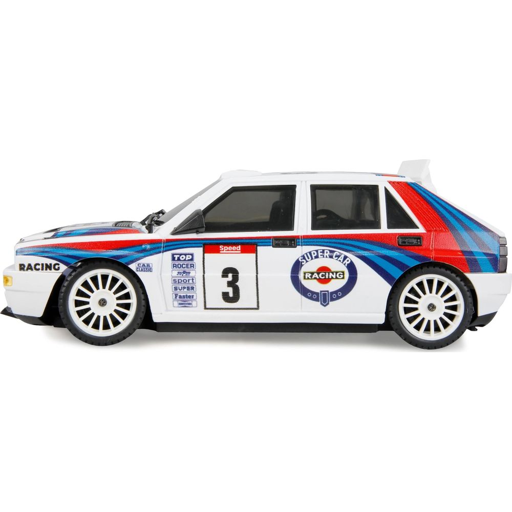 Coche de rally blanco con rayas azules y rojas, número 3 y texto 'Super Car Racing'.