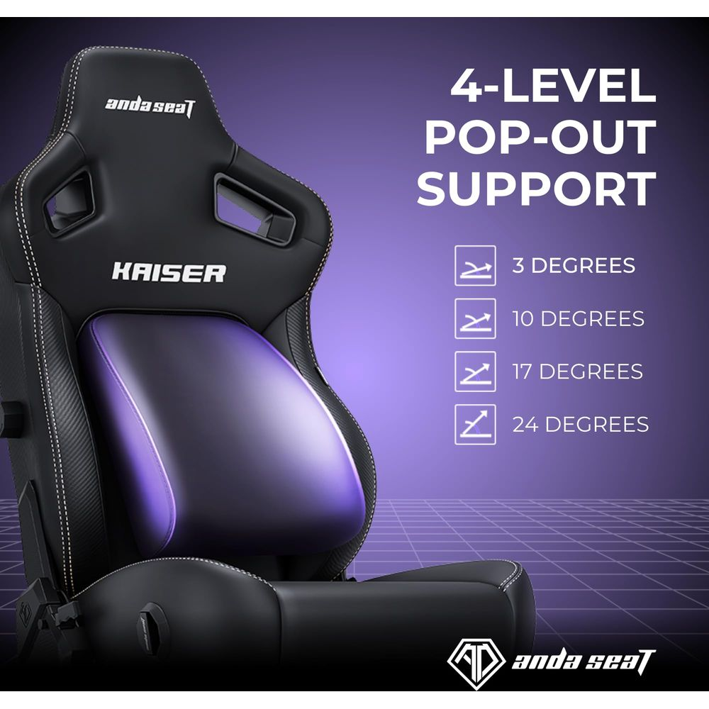 Una sedia da gaming nera con cuscino lombare regolabile viola.