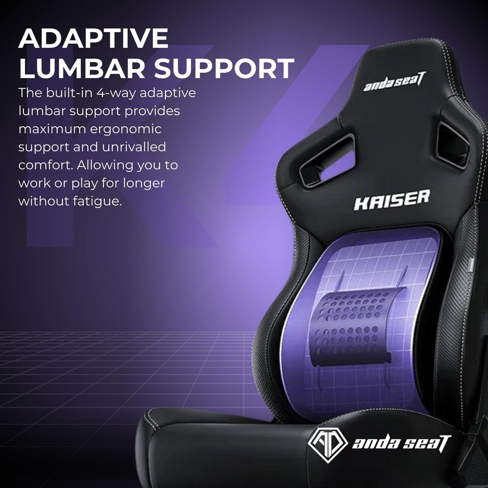 Sedia da gaming nera con supporto lombare viola e testo.