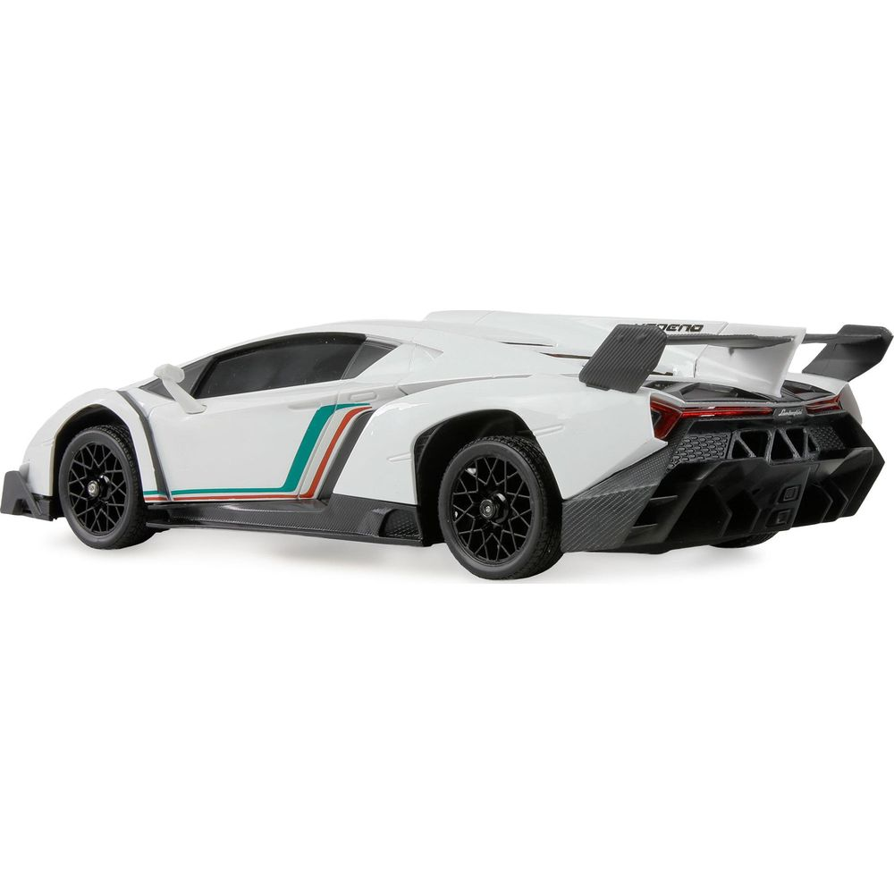 Coche de juguete Lamborghini Veneno blanco con ruedas negras y rayas de carreras.