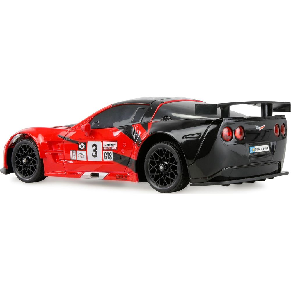 Coche de juguete Corvette rojo y negro con número 3 y alerón.