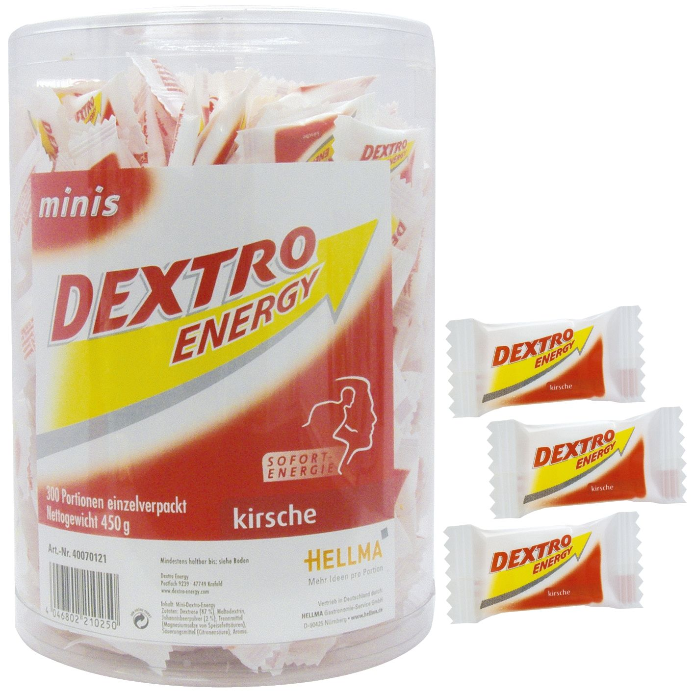Eine Dose Dextro Energy Minis Kirsche mit 300 einzeln verpackten Portionen.