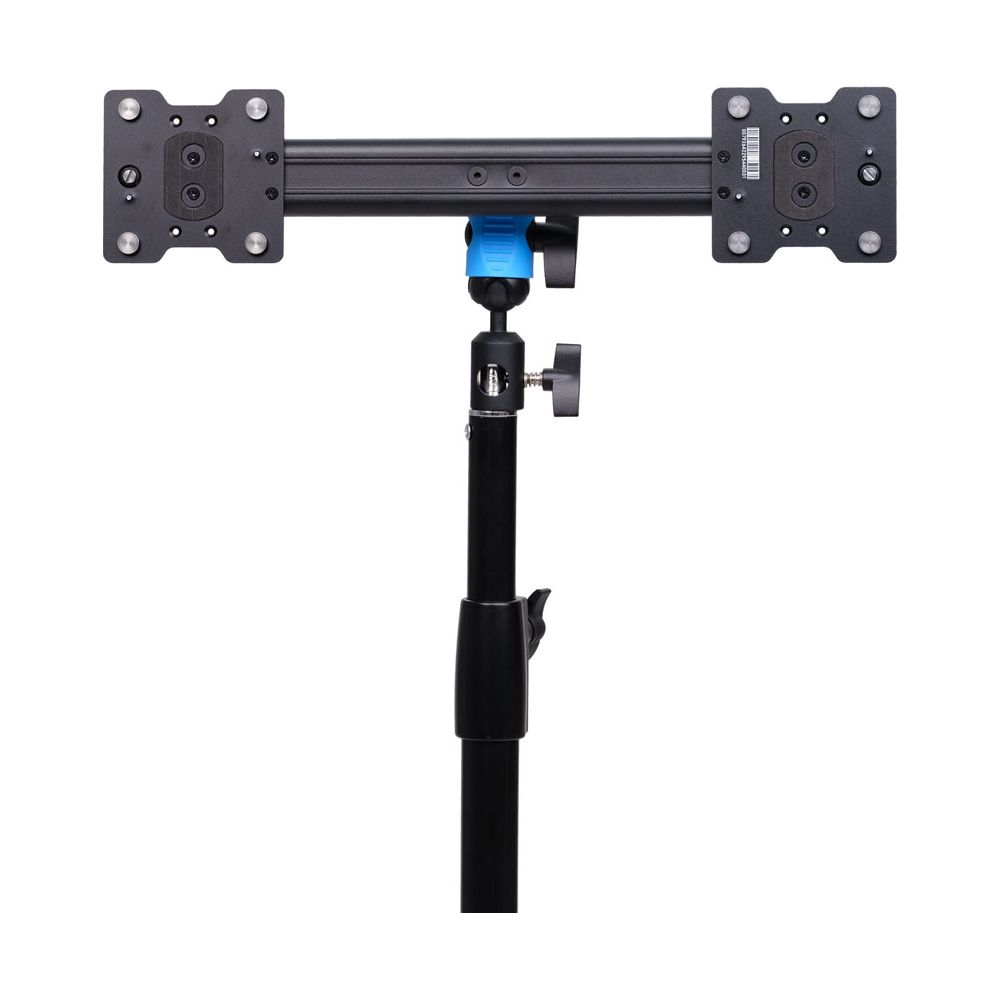 Schwarze Doppelmonitorhalterung mit verstellbarem Arm auf einem Ständer.