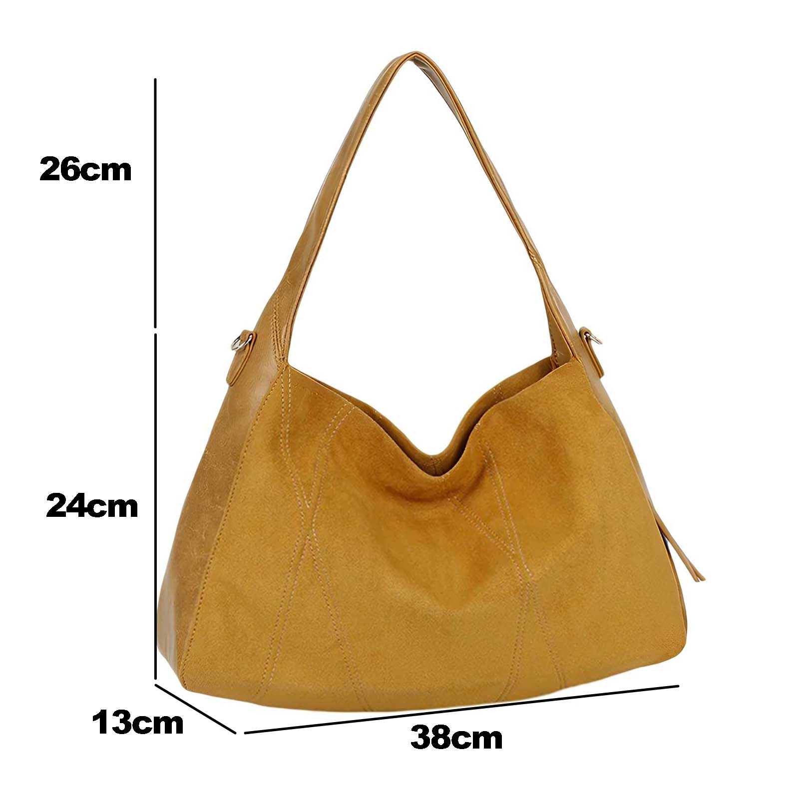 Un bolso de cuero amarillo miel con asas, dimensiones 38x24x13cm.
