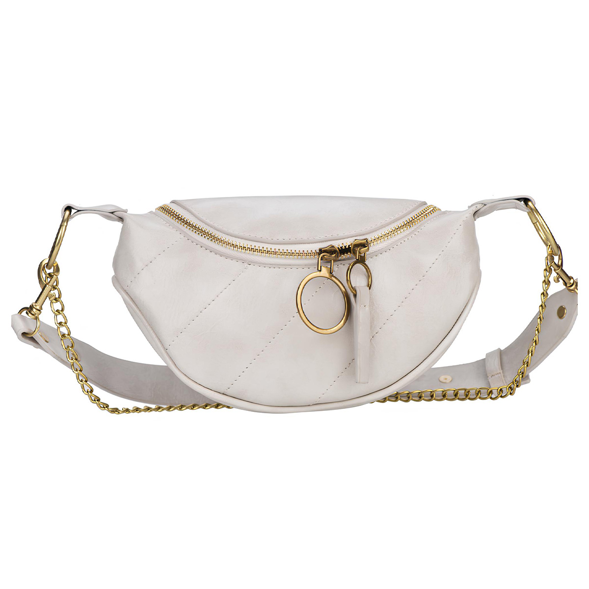 Una borsa a vita bianca con hardware dorato e cuciture trapuntate.