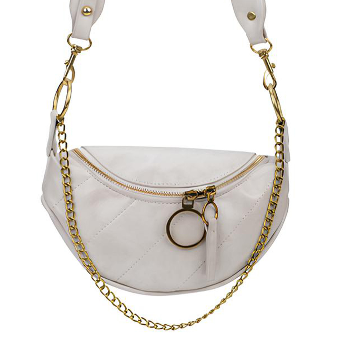 Borsa bianca trapuntata con cerniera e catena dorate.