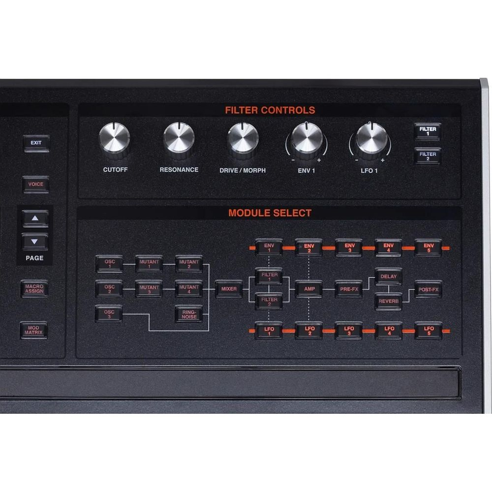 Synthesizer-Bedienfeld mit Drehreglern, Tasten und Modul-Auswahloptionen.
