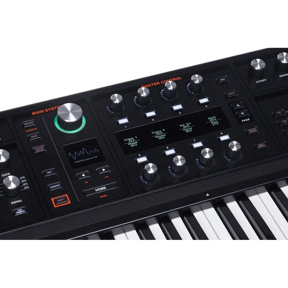 Schwarzer Synthesizer mit vielen Knöpfen und Tasten. Ein großer, grün beleuchteter Regler ist prominent.