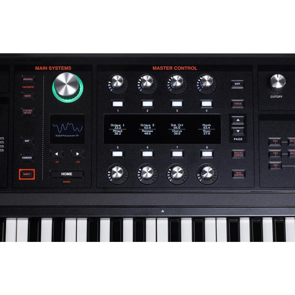 Ein schwarzes Keyboard mit vielen Knöpfen, einem Bildschirm und Tasten.