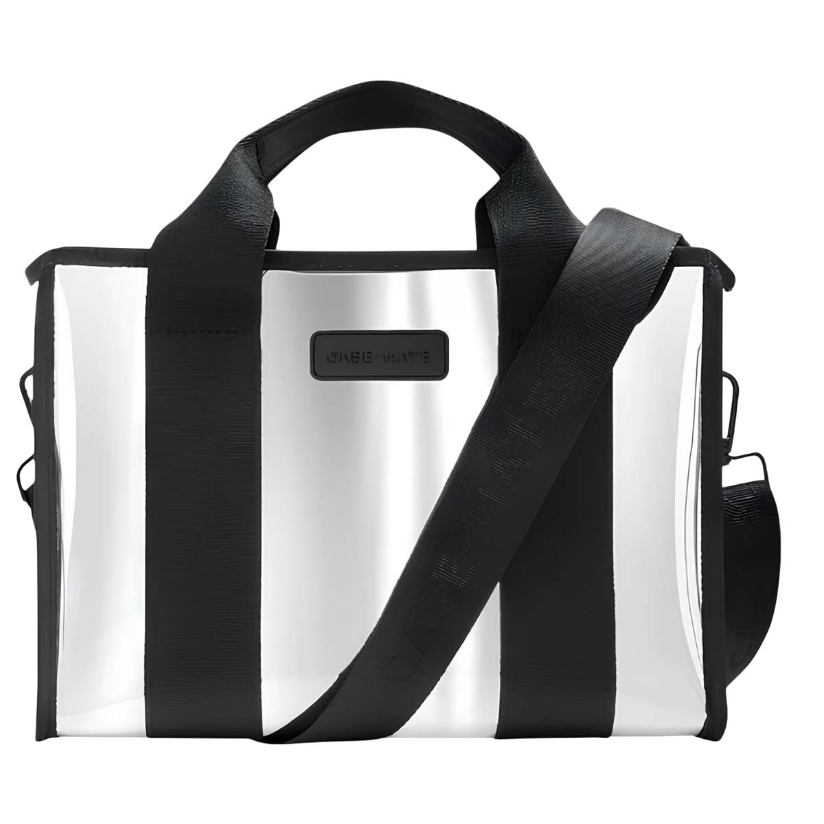 Borsa trasparente con strisce nere e manici.