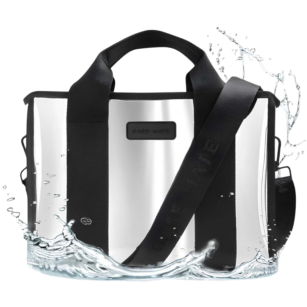 Borsa trasparente a righe nere con manici, circondata da schizzi d'acqua.