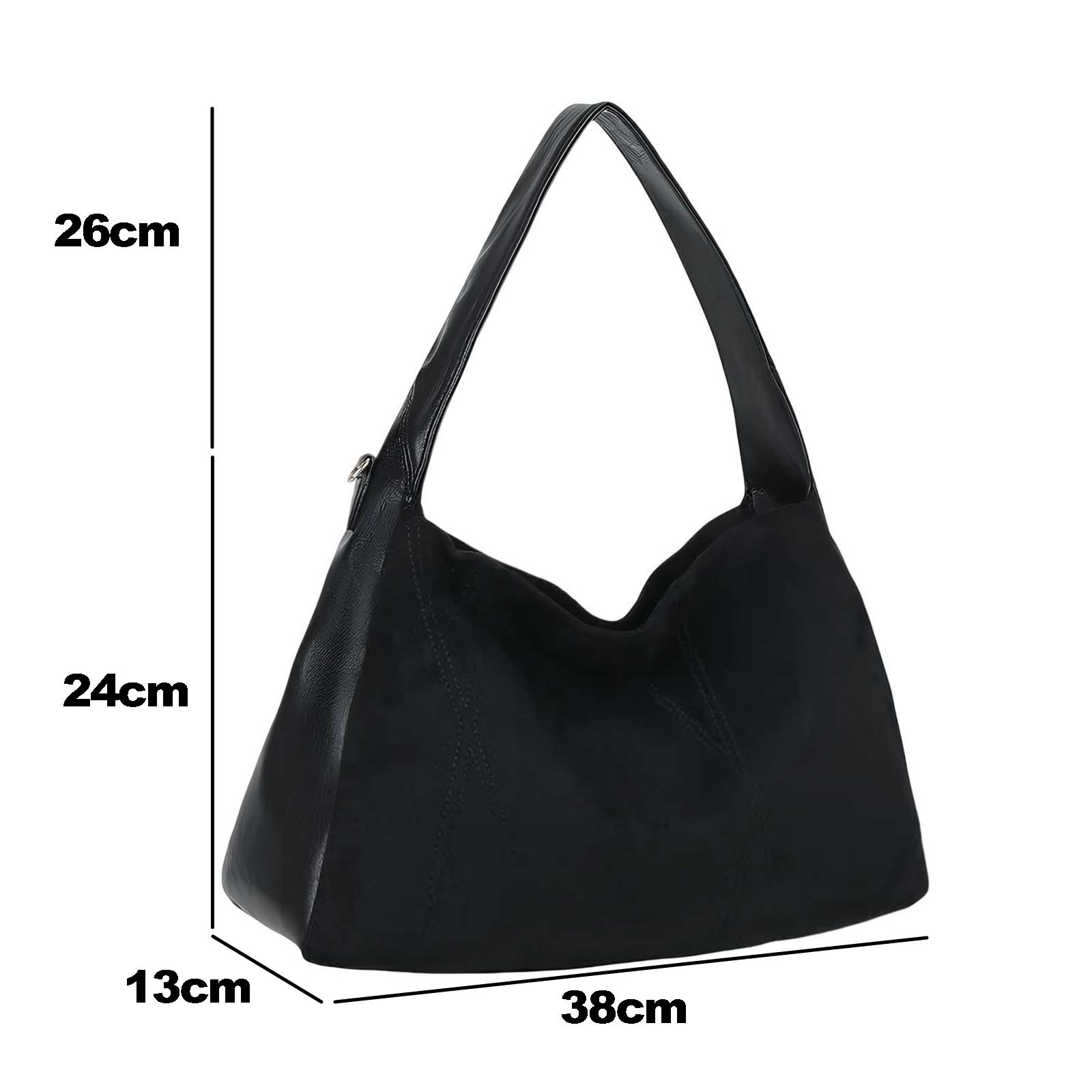 Bolso hobo de cuero negro con dimensiones: 26cm alto, 38cm ancho, 13cm fondo.