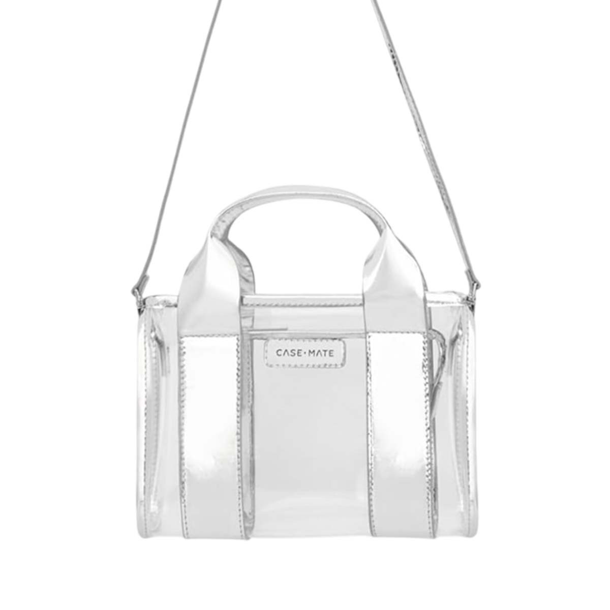 Borsa tote trasparente con accenti argentati e manici, appesa a una cinghia sottile.