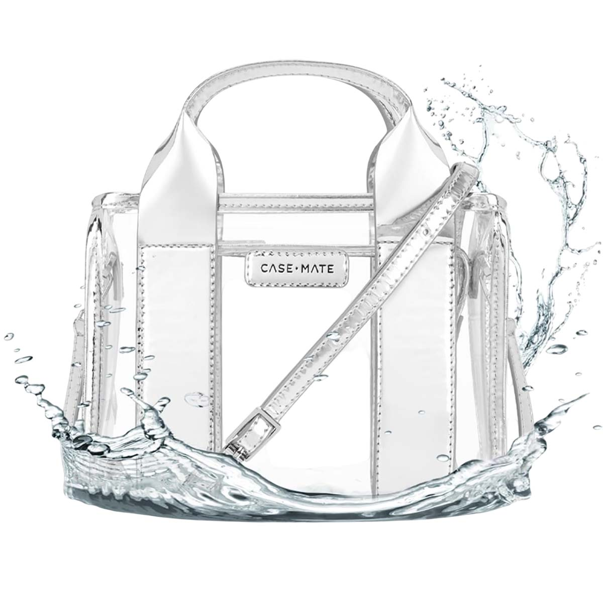 Borsa tote trasparente con accenti argentati schizzata d'acqua.