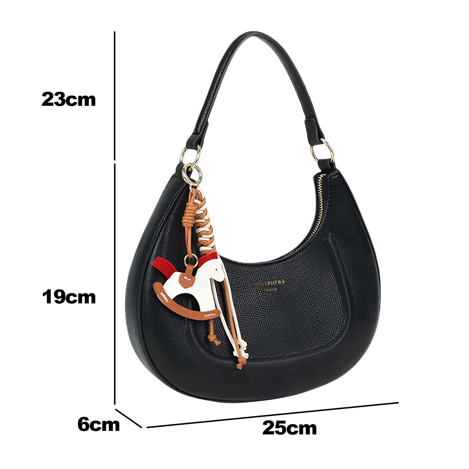Bolso negro con charm de caballo, medidas 23x19x6x25cm.