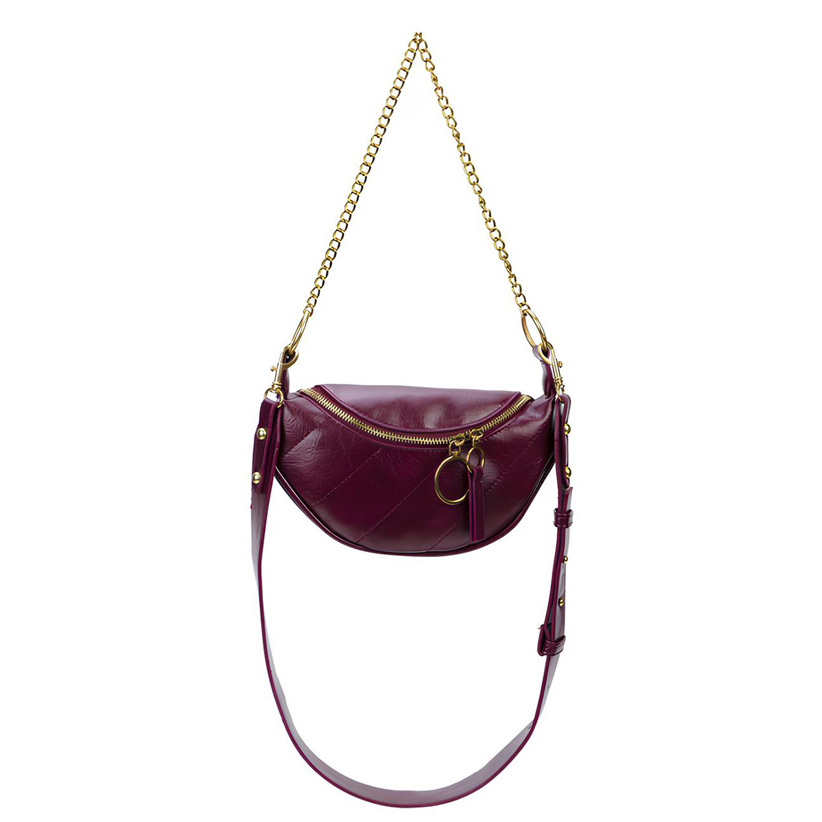 Una borsa a tracolla trapuntata color borgogna con zip e catena dorate.