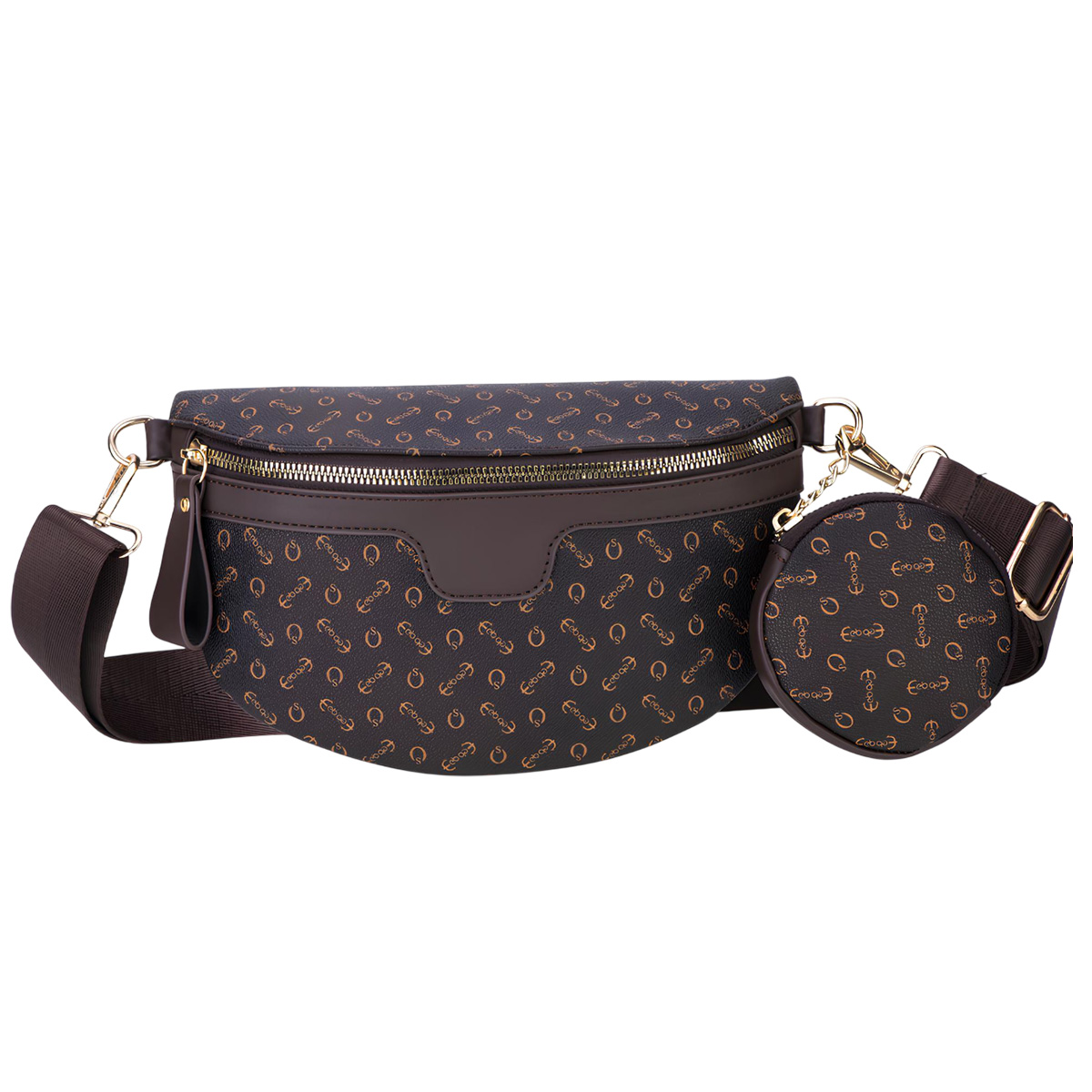 Borsa marrone con motivo a ancora e ferro di cavallo, tracolla e piccolo sacchetto rotondo.