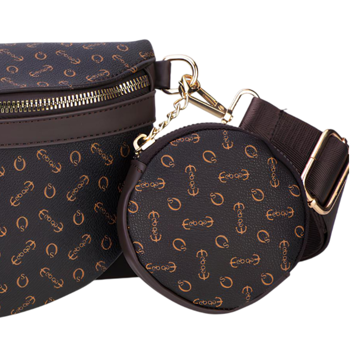 Borsa marrone fantasia con finiture dorata, vista ravvicinata.