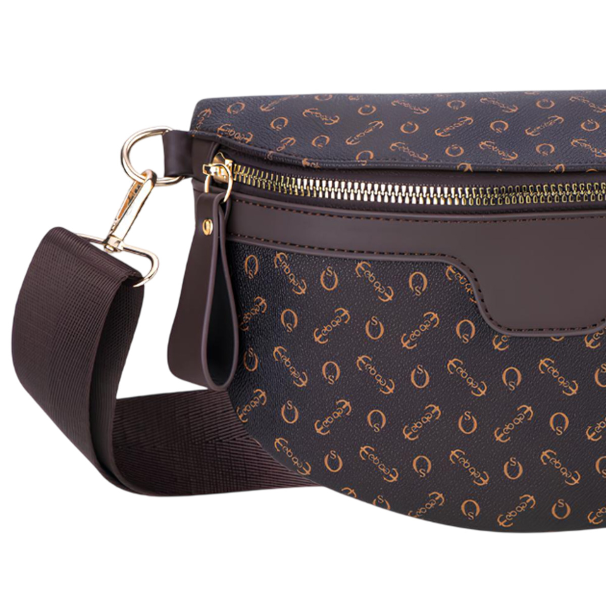 Una borsa a tracolla marrone con motivo monogramma e hardware dorato.
