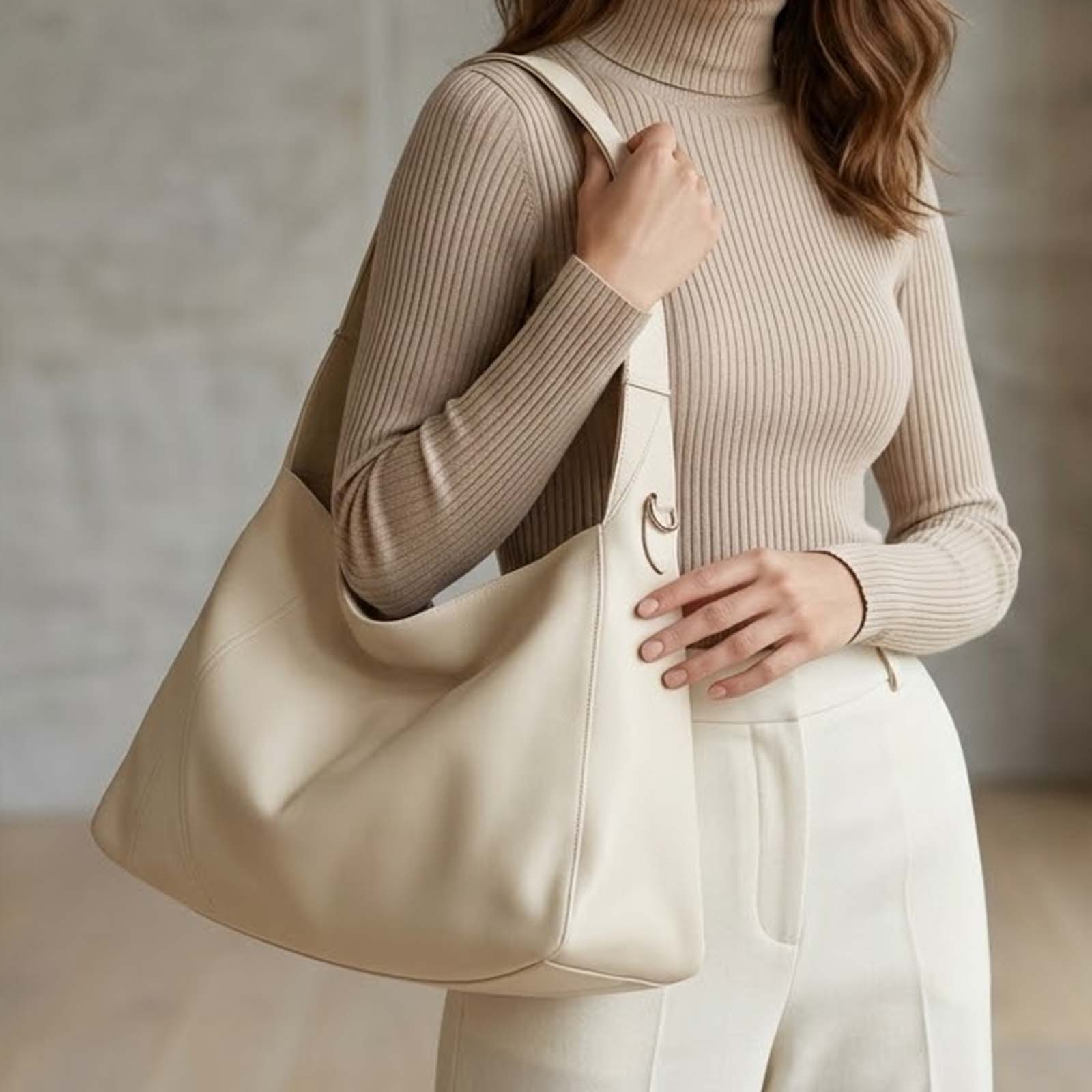 Una mujer lleva un jersey beige de cuello alto y un bolso color crema.