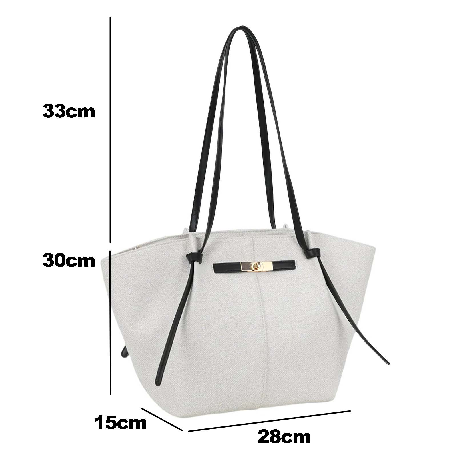 Bolso de tela gris claro con asas negras y detalle de hebilla dorada.