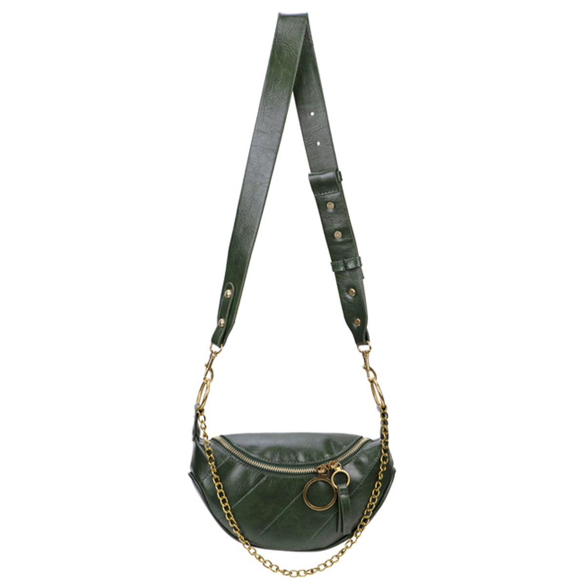 Una borsa a tracolla verde scuro con zip dorate e dettagli a catena.