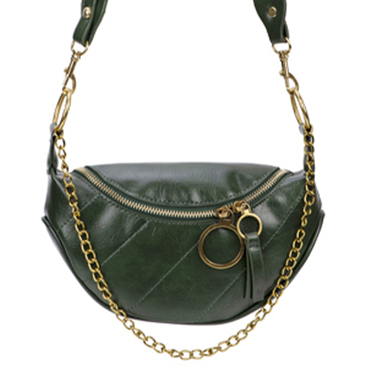 Marsupio trapuntato verde scuro con catena dorata e zip.