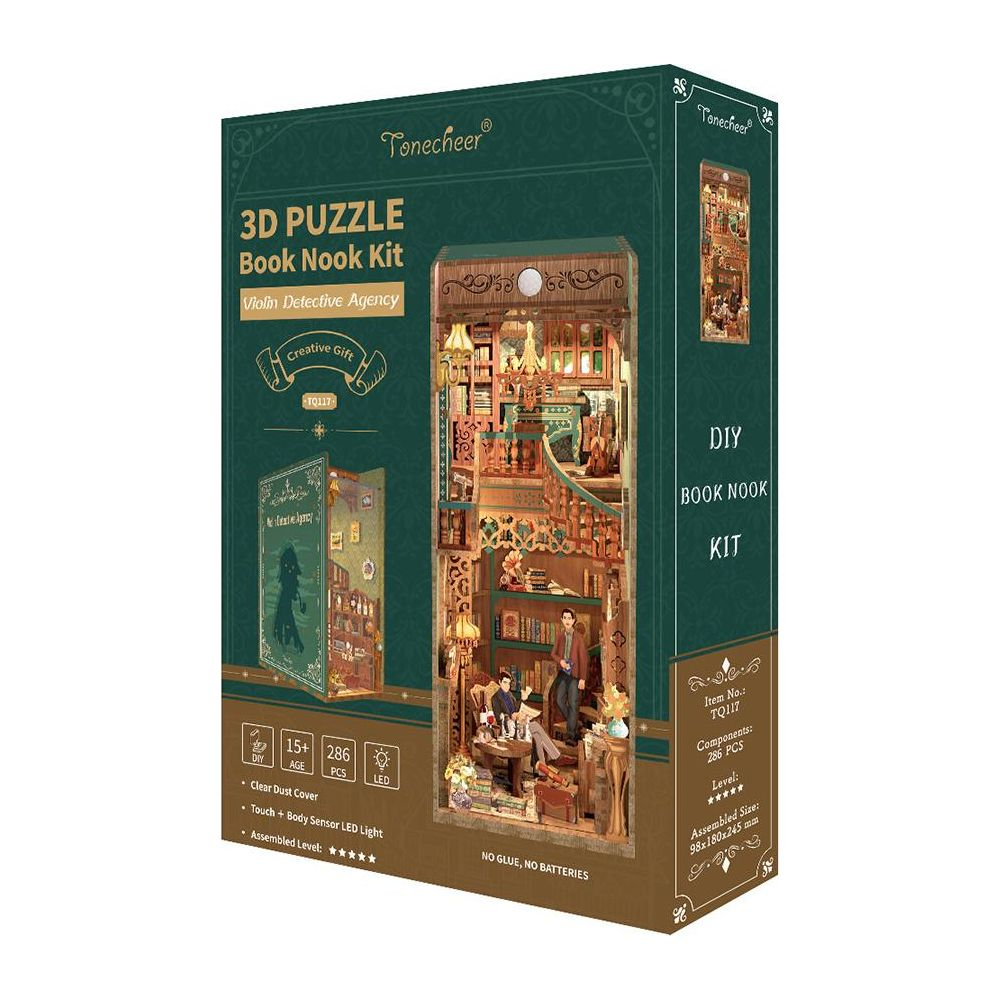 Verpackung für ein 3D-Puzzle-Bausatz für ein Buchregal mit dem Thema Violin Detective Agency.