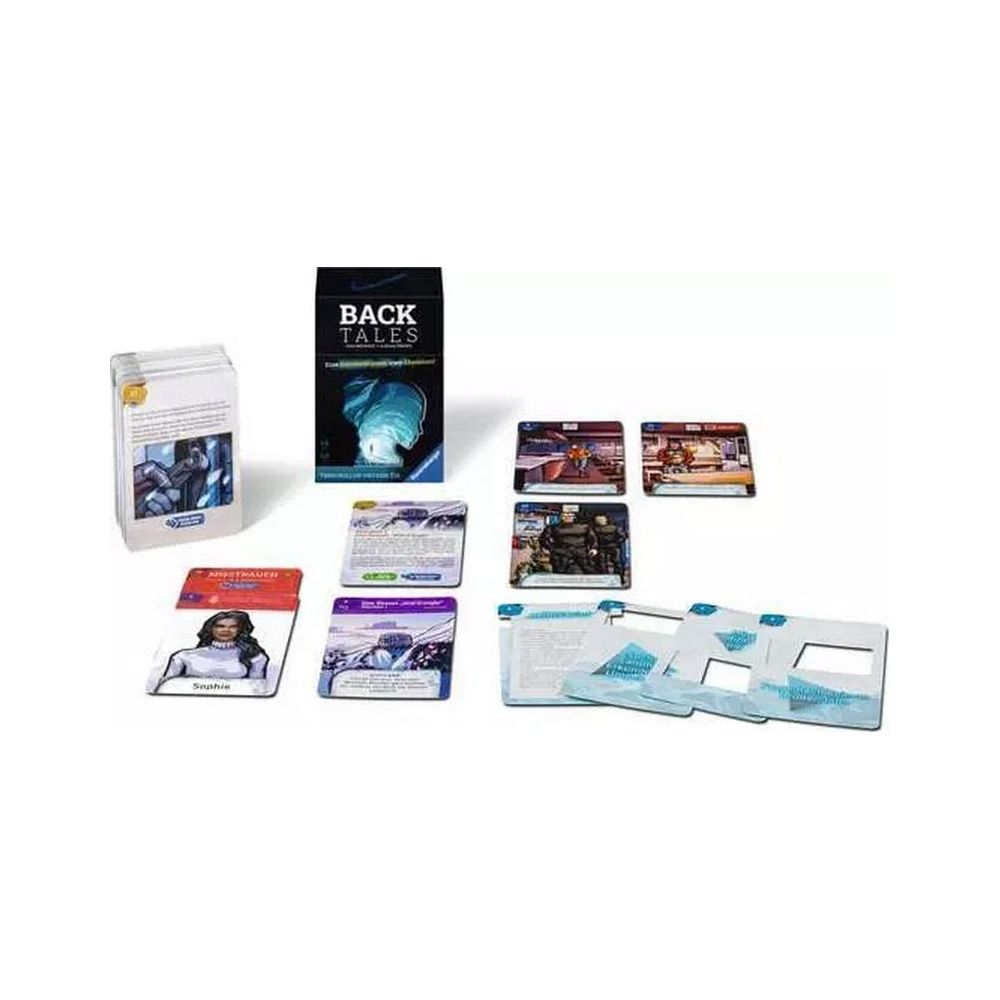 Componenti gioco da tavolo: carte, scatola con logo "Back Tales" e tabelloni.