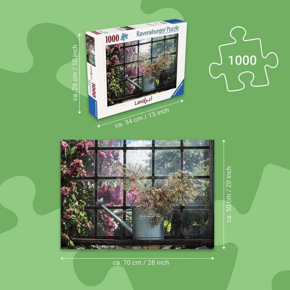 Un puzzle Ravensburger de 1000 pièces montre un bouquet dans un arrosoir.